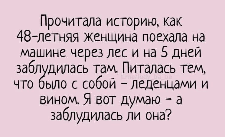 Прочитала историю как 48летняя женщина поехала на машине черн лес и на 5 дней забл дилась там Питалась тем что ыло собой леденцами и вином Я вот думаю а заблудилась ли она