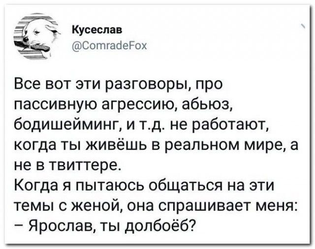 Г т сотгааегах Все вот эти разговоры про пассивную агрессию абьюз бодишейминг и тд не работают когда ты живёшь в реальном мире а не в твиттере Когда я пытаюсь общаться на эти темы с женой она спрашивает меня Ярослав ты долбоёб
