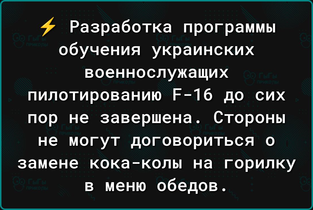 Разработка программы обучения украинских военнослужащих пилотированию Р 16 до сих пор не завершена Стороны не могут договориться о замене кока копы на горилку в меню обедов