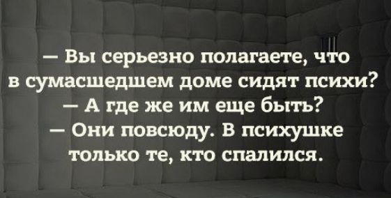 Вы серьезно полагаете ЧТО В СУМДСШЕДШЕМ доме сидят психи А где же им еще быть Они повсюду В психушке только те кто спалился