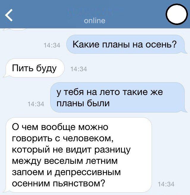 ты 34 Какие планы на осень Пить буду 14 М у тебя на лето такие же и за планы были 0 чем вообще можно говорить с человеком который не видит разницу между веселым летним запоем и депрессивным осенним пьянством и за