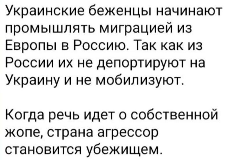 Украинские беженцы начинают промышлять миграцией из Европы в Россию Так как из России их не депортируют на Украину и не мобилизуют Когда речь идет о собственной жопе страна агрессор становится убежищем
