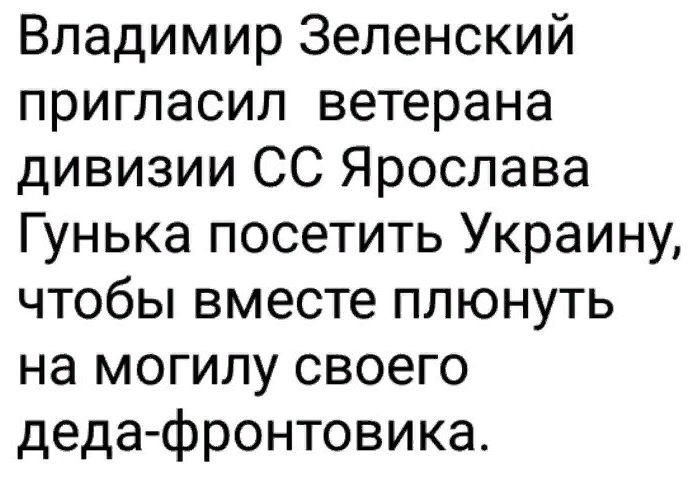 Владимир Зеленский пригласил ветерана дивизии СС Ярослава Гунька посетить Украину чтобы вместе плюнуть на могилу своего деда фронтовика