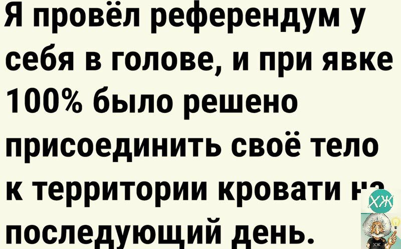 Я провёл референдум у себя в голове и при явке 100 было решено присоединить своё тело к территории кровати последующий день