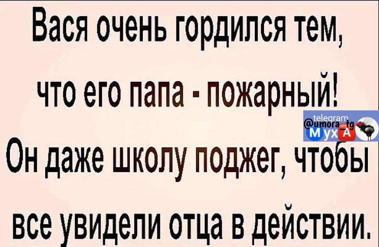 Вася очень гордился тем что его папа пожарный Он даже школу поджег что ы все увидели отца в действии