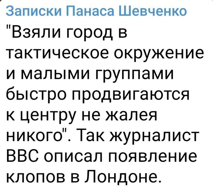 Записки Панаса Шевченко Взяли город в тактическое окружение и малыми группами быстро продвигаются к центру не жалея никого Так журналист ВВС описал появление клопов в Лондоне