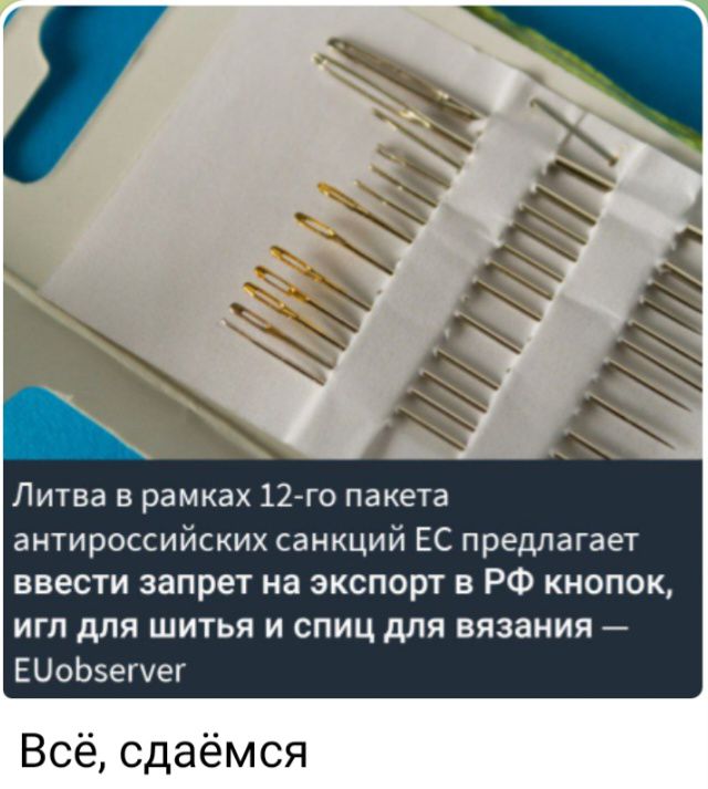 Литва в рамках 12го пакета аитироссийскик санкций ЕС предлагает ввести запрет на экспорт в РФ кнопок игл для шитья и спиц для вязания ЕЦсЬэегуег Всё сдаёмся