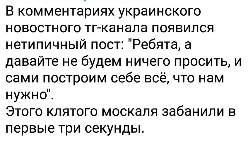 В комментариях украинского новостного тг канапа появился нетипичный пост Ребята а давайте не будем ничего просить и сами построим себе всё что нам нужно Этого кпятого москапя забанили в первые три секунды