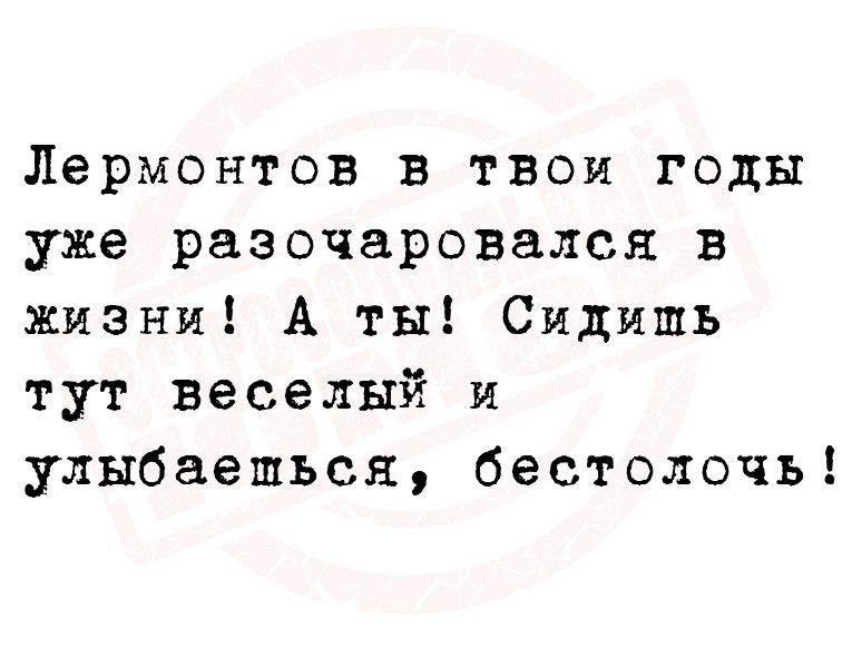 Лермонтов в твои годы уже разочаровался в жизни А ты Сидишь тут веселый и улыбаеться бестолочь