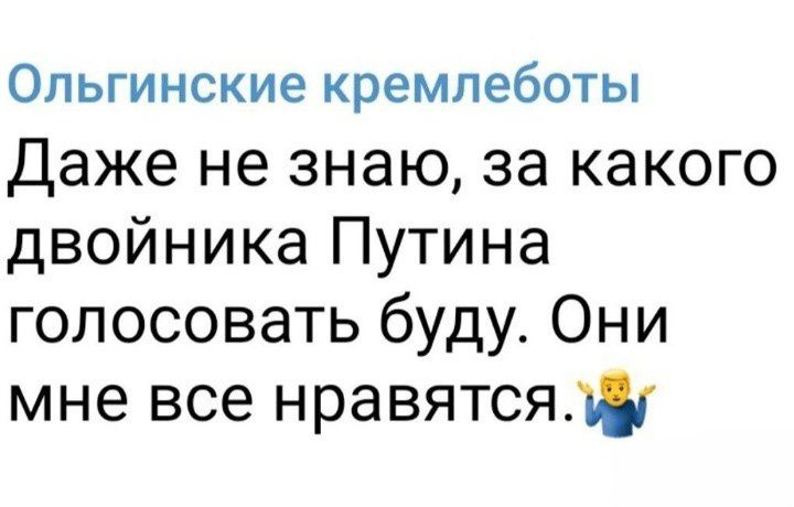 Ольгинские кремлеботы даже не знаю за какого двойника Путина голосовать буду Они мне все нравятся