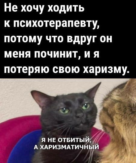 Не хочу ходить к психотерапевту потому что вдруг он меня починит и я потеряю свою харизму я не отвитый А ХАРИЗМАТИЧН