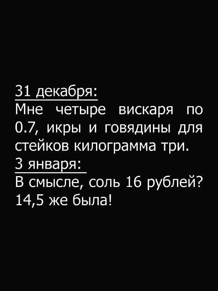 31 декабвя Мне четыре вискаря по 07 икры и говядины для стейков килограмма три 3 января В смысле соль 16 рублей 145 же была