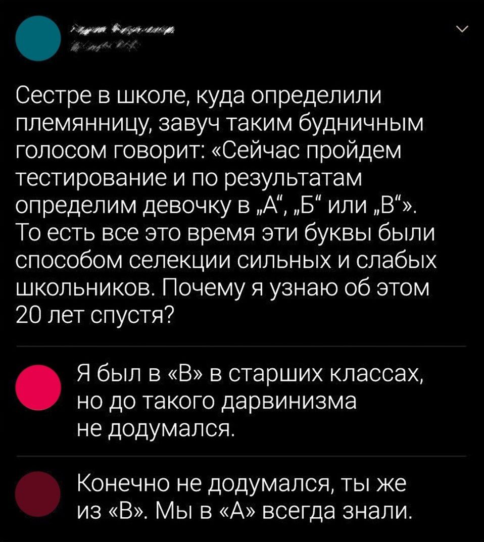 АМ Сестре в школе куда определили племянницу завуч таким будничным голосом говорит Сейчас пройдем тестирование и по результатам определим девочку в А Б или В То есть все это время эти буквы были способом селекции сильных и слабых школьников Почему я узнаю об этом 20 лет спустя Я был в В в старших классах НО ДО ТаКОГО дарвинизма не додумался Конечно не додумался ты же из В Мы в А всегда знали