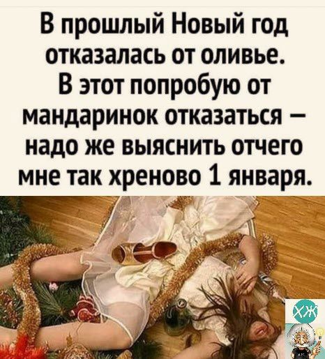 В прошлый Новый год отказалась от оливье В этот попробую от мандаринок отказаться надо же выяснить отчего мне так хреново 1 января А