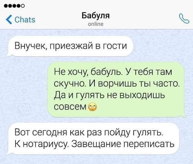 пис спа Бабуля шине Внучек приезжай в гости Не хочу бабуль У тебя там скучно И ворчишьты часто да и гулять не выходишь совсемФ Вот сегодня как раз пойду гулять К нотариусу Завещание переписать