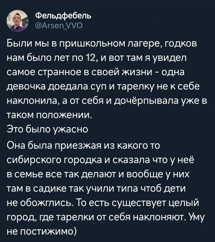 Фепьдфебепь МАт эеп ууо Были мы в пришкольном лагере годков нам было лет по 12 и вот там я увидел самое странное в своей жизни одна девочка доедапа суп и тарелку не к себе наклонила а от себя и дочёрпывапа уже в таком положении Это было ужасно Она была приезжая из какого то сибирского городка и сказала что у неё в семье все так делают и вообще у них там в садике так учили типа чтоб дети не обожгпи