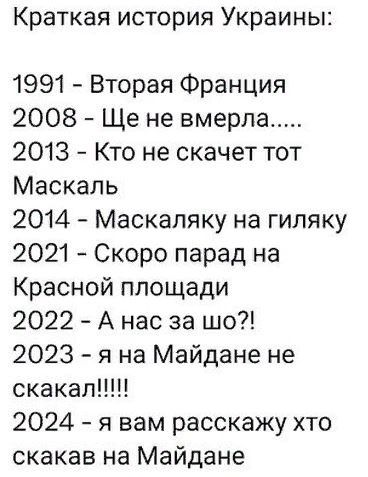 Краткая история Украины 1991 Вторая Франция 2008 Ще не вмерла 2013 Кто не скачет тот Маскаль 2014 Маскаляку на гиляку 2021 Скоро парад на Красной площади 2022 А нас за шо 2023 я на Майдане не скакал 2024 я вам расскажу хто скакав на Майдане