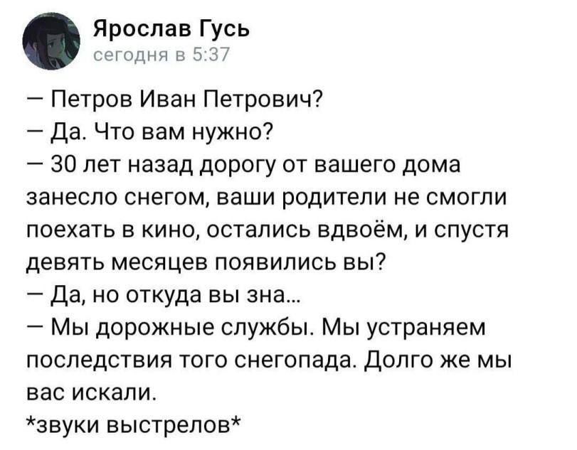 Ярослав Гусь з Петров Иван Петрович Да Что вам нужно 30 лет назад дОРОГУ ОТ вашего дома занесло снегом ваши родители не смогли ПОЕХЭТЬ В КИНО ОСТЭПИСЬ вдвоем И СПУСТЯ девять месяцев появились вы Да но откуда вы зна Мы дорожные службы Мы устраняем последствия того снегопада долго же мы Вас ИСКЗПИ звуки выстрелов