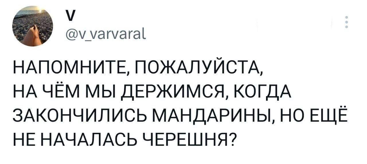 хуагхагаъ НАПОМНИТЕ ПОЖАЛУЙСТА НА чём мы держимся когдА ЗАКОНЧИЛИСЬ МАНДАРИНЫ но ЕЩЁ НЕ НАЧАЛАСЬ ЧЕРЕШНЯ