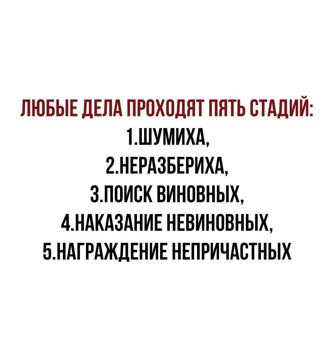 ЛЮБЫЕ ЛЕПА ПРПХПЛЯТ ПЯТЬ СТАДИИ 1ШУМИХА 2НЕРАЗБЕРИХА ЗППИВК ВИНОБНЫХ 4НАКА3АНИЕ НЕВИНПВНЫХ БНАГРАЖЛЕНИЕ НЕПРИЧДВТНЫХ