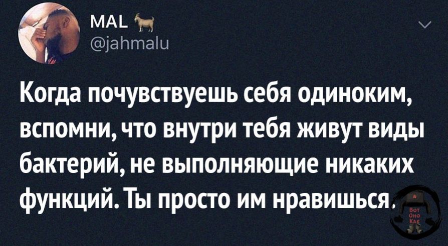 мм н диттаы Когда почувствуешь себя одиноким вспомни что внутри тебя живут виды бактерий не выполняющие никаких функций Ты просто им нравишься