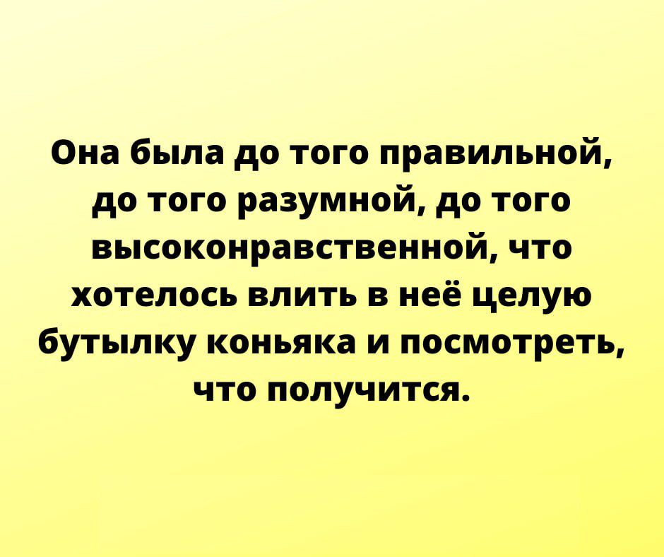 Она была до того правильной до того разумной до того высокоправствениой что хотелось влить в неё целую бутылку коньяка и посмотреть что получится