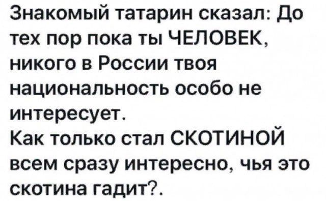 Знакомый татарин сказал До тех пор пока ты ЧЕЛОВЕК никого в России твоя национальность особо не интересует Как только стал СКОТИНОЙ всем сразу интересно чья это скотина гадит