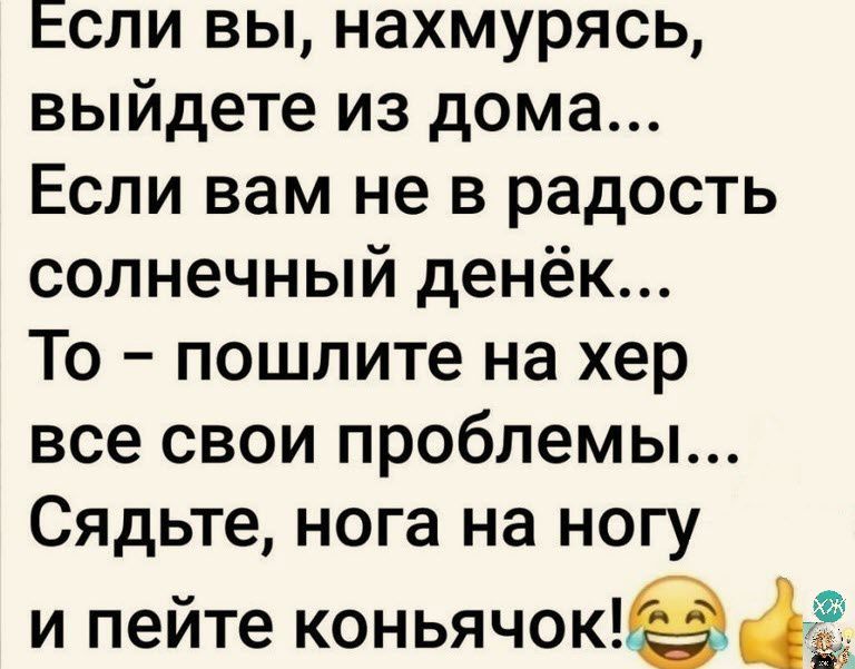 Если вы нахмурясь выйдете из дома Если вам не в радость солнечный денёк То пошлите на хер все свои проблемы Сядьте нога на ногу И пейте КОНЬЯЧОК