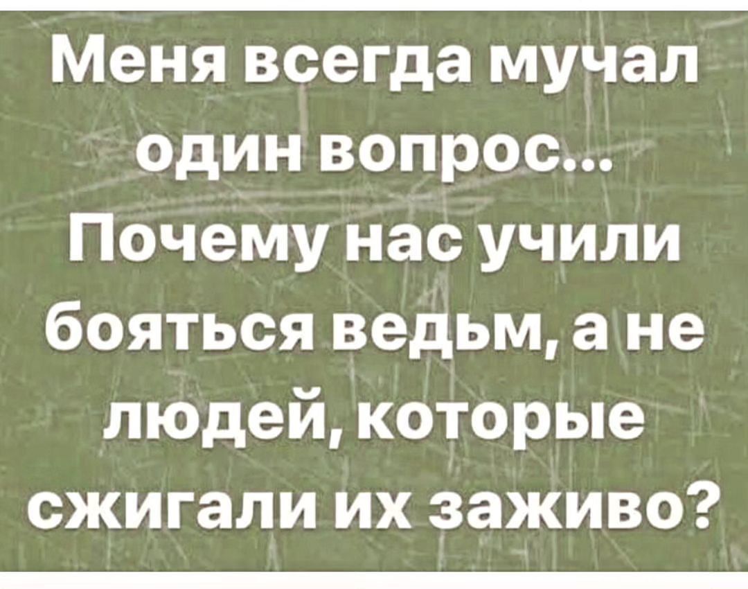 Меня всегда мучал один вопрос Почему нас учили бояться ведьм а не людей которые сжигали их заживо