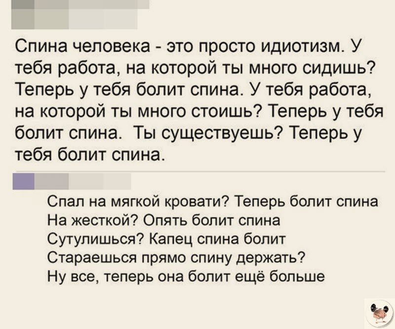 Спина человека это просто идиотизм У тебя работа на которой ты много сидишь Теперь у тебя болит спина У тебя работа на которой ты много стоишь Теперь у тебя болит спина Ты существуешь Теперь у тебя болит спина Спап из мягкой кровати Теперь болит спина На жесткой Опять болит спина Сутупишься Капец спина болит Стараешься прямо спину держать Ну все теперь она болит еще больше