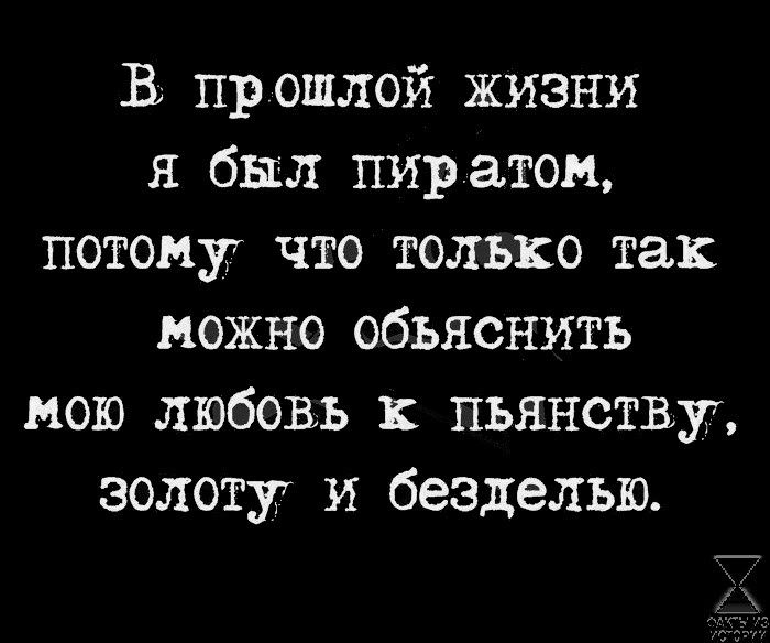 В прошлой жизни я был пиратом потому что только так можно объяснить мою любовь пьянству золоту и безделью