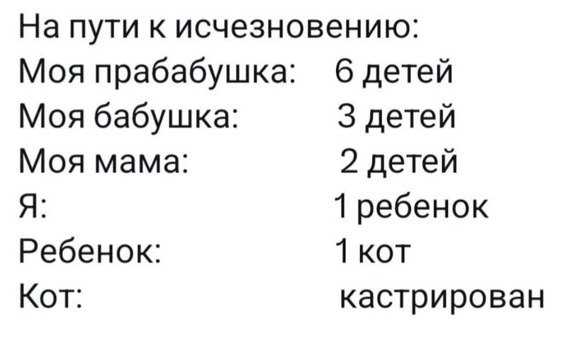 На пути к исчезновению Моя прабабушка 6 детей Моя бабушка 3 детей Моя мама 2 детей Я 1 ребенок Ребенок 1 кот Кот кастрирован