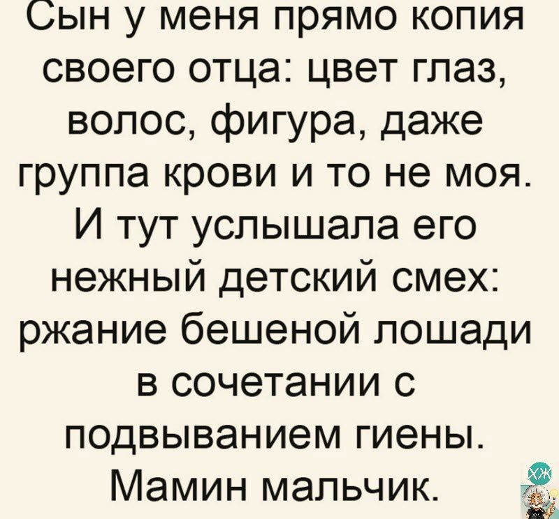 Сын у меня прямо копия своего отца цвет глаз волос фигура даже группа крови и то не моя И тут услышала его нежный детский смех ржание бешеной лошади в сочетании с подвыванием гиены Мамин мальчик