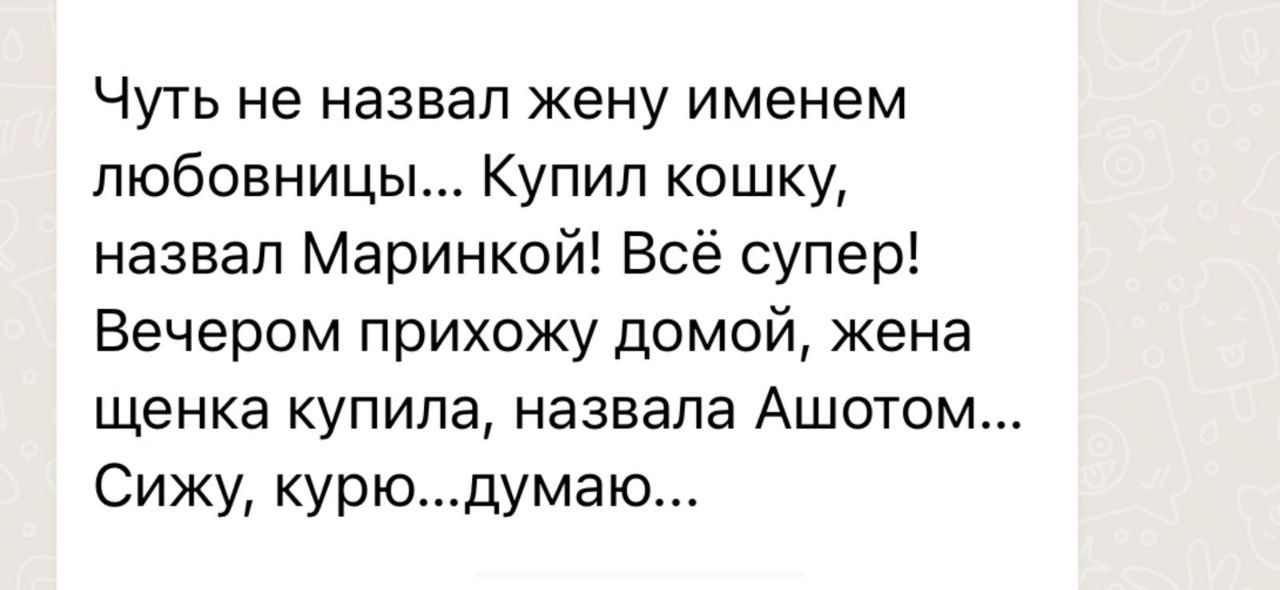 Чуть не назвал жену именем любовницы Купил кошку назвал Маринкой Всё супер Вечером прихожу домой жена щенка купила назвала Ашотом Сижу курюдумао