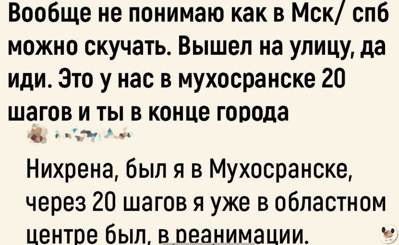 Вообще не понимаю как в Мск спб можно скучать Вышел на улицу да иди Это у нас в мухосранске 20 шагов и ты в конце гооода Нихрена был я в Мухосранске через 20 шагов я уже в областном центре был воеанимации ч