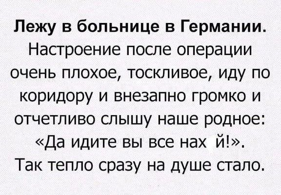 Лежу в больнице в Германии Настроение после операции очень плохое тоскливое иду по коридору и внезапно громко и отчетливо слышу наше родное Да идите вы все нах й Так тепло сразу на душе стало