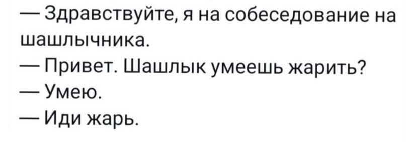 Здравствуйте я на собеседование на шашлычника Привет Шашлык умеешь жарить Умею Иди жары