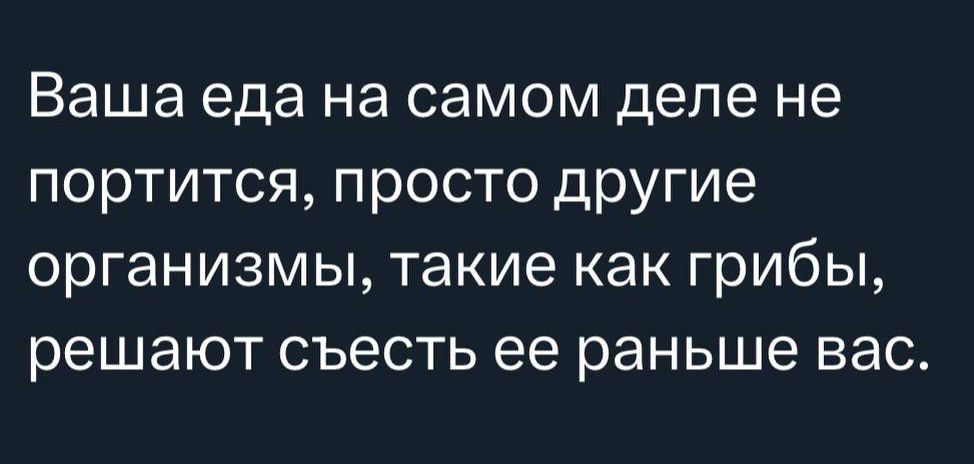 Ваша еда на самом деле не портится просто другие организмы такие как грибы решают съесть ее раньше вас