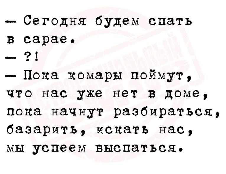 Сегодня будем спать в сарае Пока комары поймут что нас уже нет в доме пока начнут разбираться базарнть искать нас мы успеем выспаться