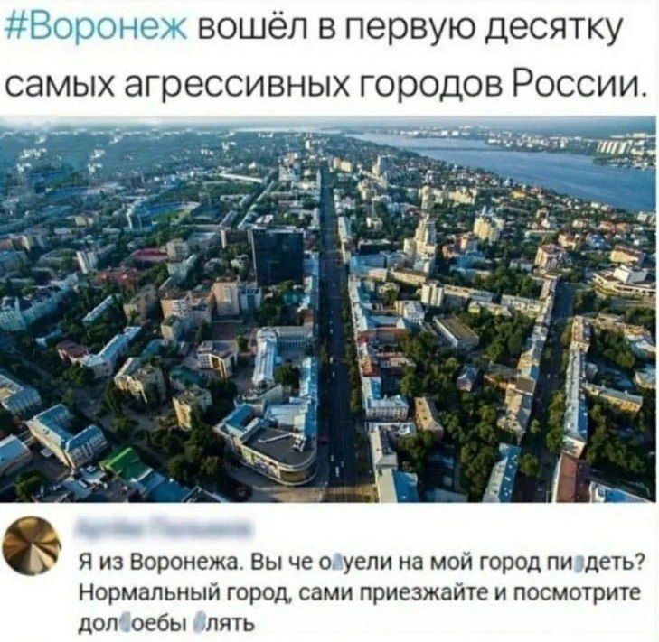 Вороне вошёл в первую десятку самых агрессивных городов России я из Вирснежа Вы че о угли на мой город пи дем Нормальный тред сами приезжаиге п посмщрте доп оебы лять