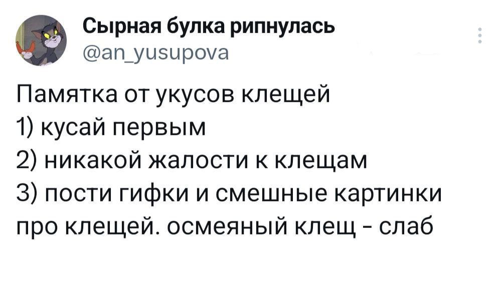 Сырная булка рипиупась ашуыэыроча Памятка от укусов клещей 1 кусай первым 2 никакой жалости к клещам 3 пости гифки и смешные картинки про клещей осмеяный клещ слаб