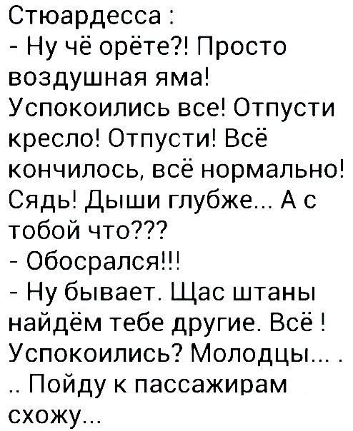 Стюардесса Ну чё орёте Просто воздушная яма Успокоипись все Отпусти кресло Отпусти Всё кончилось всё нормально Сядь Дыши глубже А с тобой что Обосрался Ну бывает Щас штаны найдём тебе другие Всё Успокоились Молодцы Пойду к пассажирам схожу