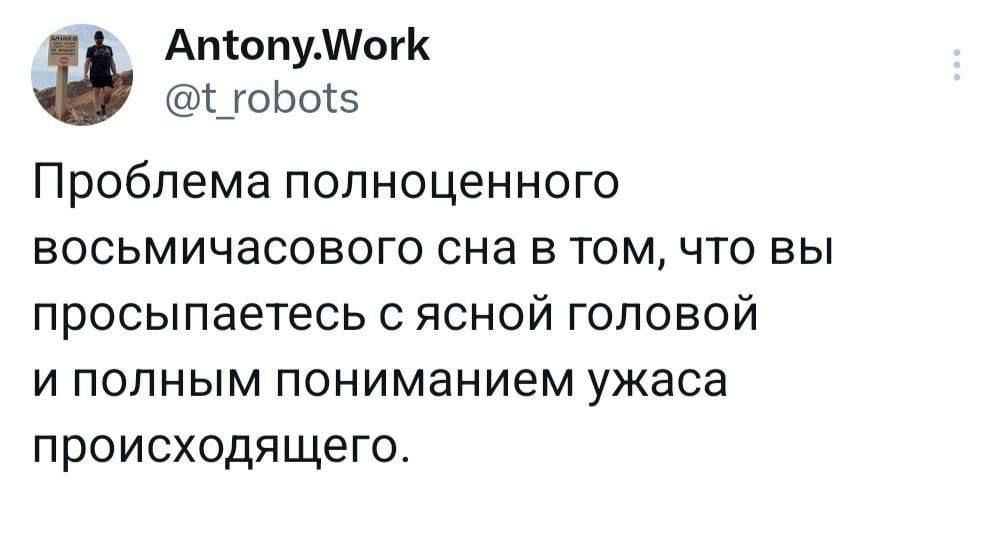 Апіопутогк ЦОЬЩЗ Проблема полноценного ВОСЬМИЧЭСОВОГО сна В ТОМ ЧТО ВЫ просыпаетесь с ясной головой И ПОЛНЫМ ПОНИМЭНИеМ ужаса происходящего