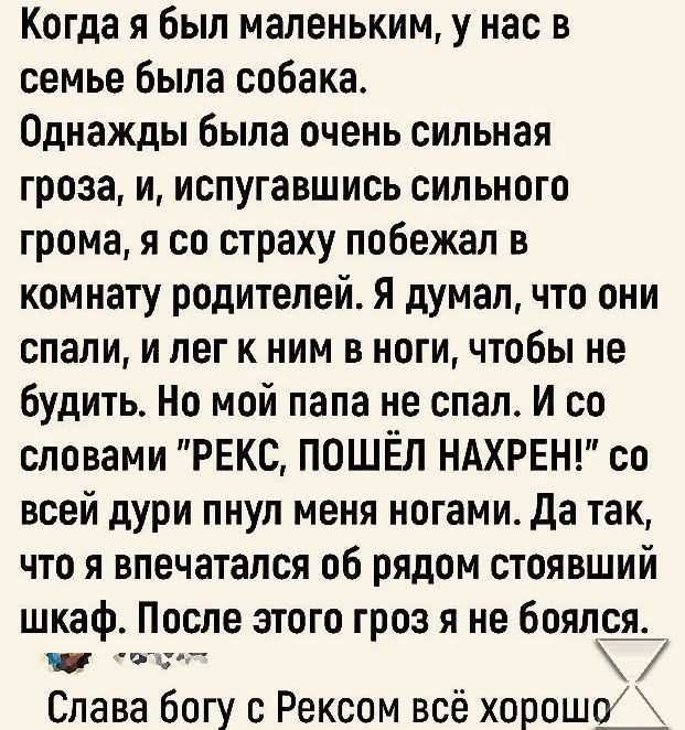 Когда я был маленьким у нас в семье Была собака Однажды была очень сильная гроза и испугавшись сильного грома я со страху побежал в комнату родителей Я думал что они спали и лет к ним в ноги чтобы не будить Но мой папа не спал И со словами РЕКЕ ПОШЁЛ НАХРЕН со всей дури пнул меня ногамида так что я впечатался об рядом стоявший шкаф После этого гроз я не боялсі Слава богу с Рексом всё хорошо