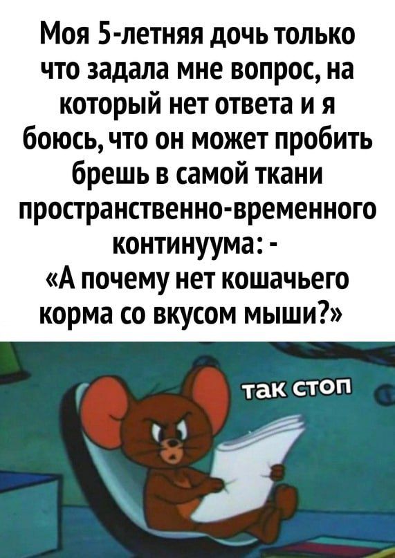 Моя 5 летняя дочь только что задала мне вопрос на который нет ответа и я боюсь что он может пробить брешь в самой ткани пространствеино временного континуума А почему нет кошачьего корма со вкусом мыши