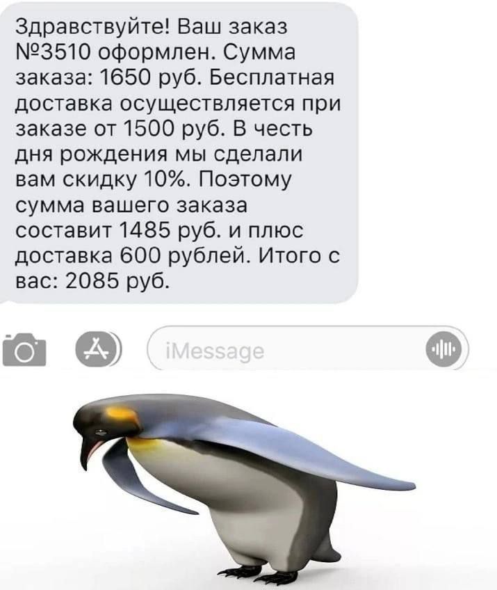 здравствуйте Ваш заказ 3510 оформлен Сумма заказа 1650 руб Бесплатная ДОСТЕВКЗ ОСУЩЕСТБПЯЕТСЯ При заказе от 1500 руб В честь дня рождения мы сделали вам скидку 10 Поэтому СУММЕ вашего заказа составит 1485 руб и плюс доставка 600 рублей Итого с вас 2085 руб ШФ