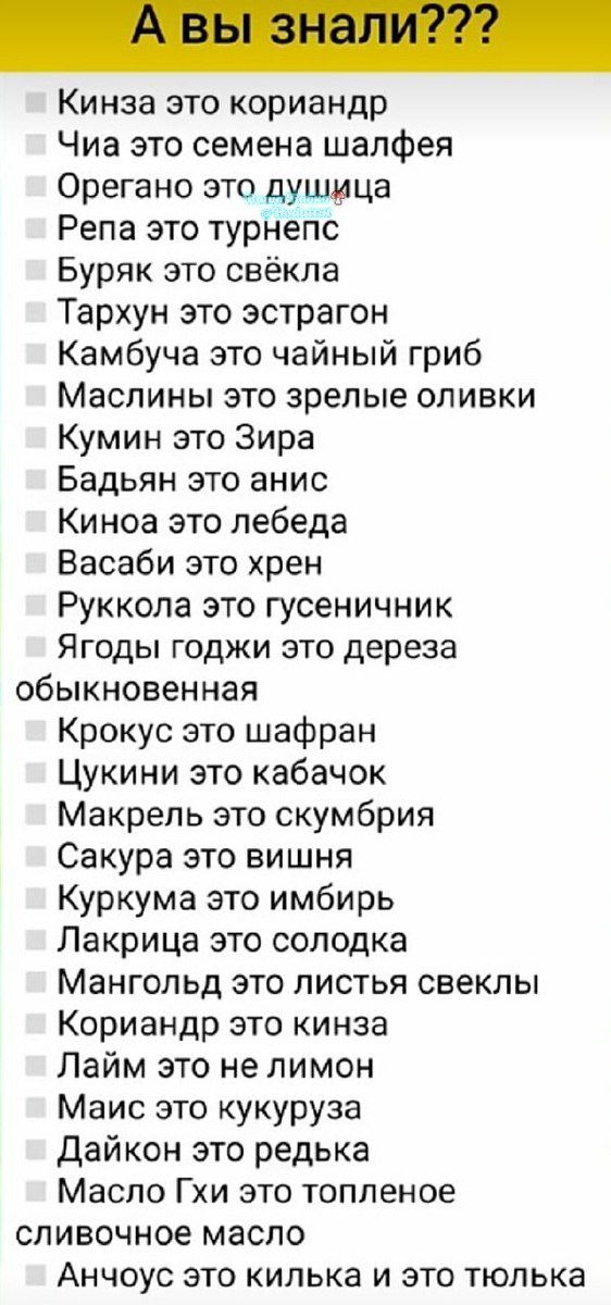 Кинза это кориандр Чиа это семена шалфея Орегано это душица Репа это турнепс Буряк это свёкла Тархун это эстрагон Камбуча это чайный гриб Маслины это зрелые оливки Кумин это Зира Бадьян это анис Киноа это пебеда Васаби это хрен Руккола это гусеничник Ягоды годжи это дереза обыкновенная Крокус это шафран Цукини это кабачок Макрель это скумбрия Сакура это вишня Куркума это имбирь Лакрица это солодка