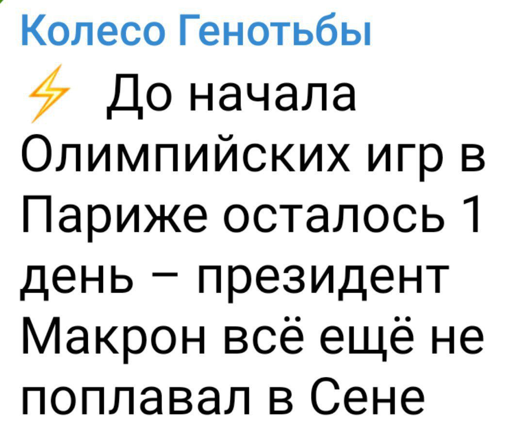 Колесо Генотьбы 94 До начала Олимпийских игр в Париже осталось 1 день президент Макрон всё ещё не поплавал в Сене