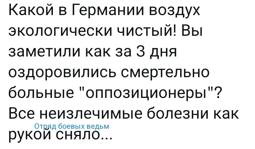 Какой в Германии воздух экологически чистый Вы заметили как за 3 дня оздоровились смертельно больные оппозиционеры Все неизлечимые болезни как отряд боевых ведьм рукои сняло