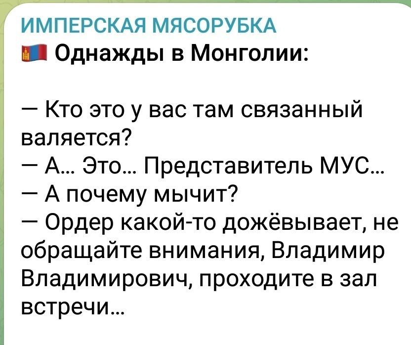 ИМПЕРСКАЯ МЯСОРУБКА ша Однажды в Монголии Кто это у вас там связанный валяется А Это Представитель МУС А почему мычит Ордер какой то дожёвывает не обращайте внимания Владимир Владимирович проходите в зал встречи